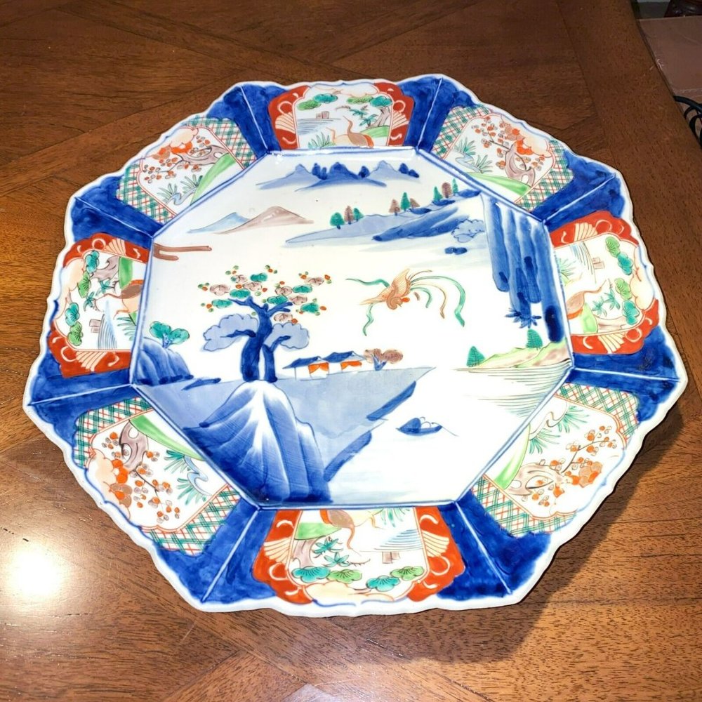 Vintage Japanese Hand Painted Imari Octagonal China Ceramic Charger Plate Decor